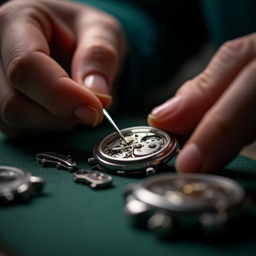 A watchmaker's hands using tweezers to place a hand on a watch dial.